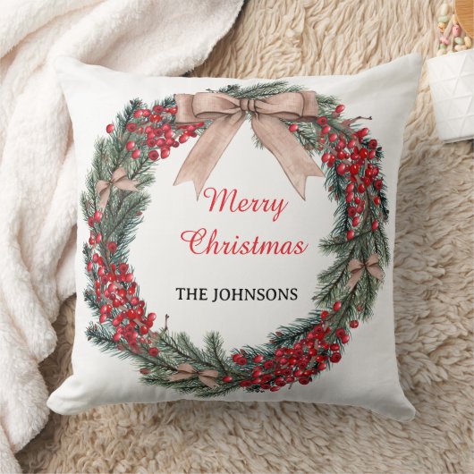 Merry Christmas Wreath Throw Pillow  クッション (ブランケット)