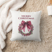Merry Christmas Wreath Throw Pillow in Pink/Green クッション (ブランケット)
