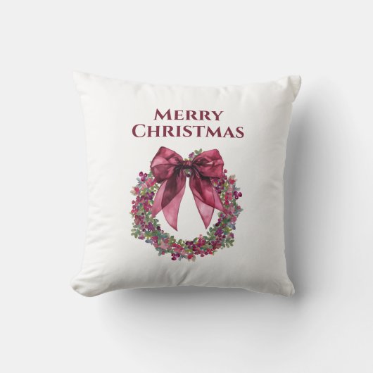 Merry Christmas Wreath Throw Pillow in Pink/Green クッション (正面)