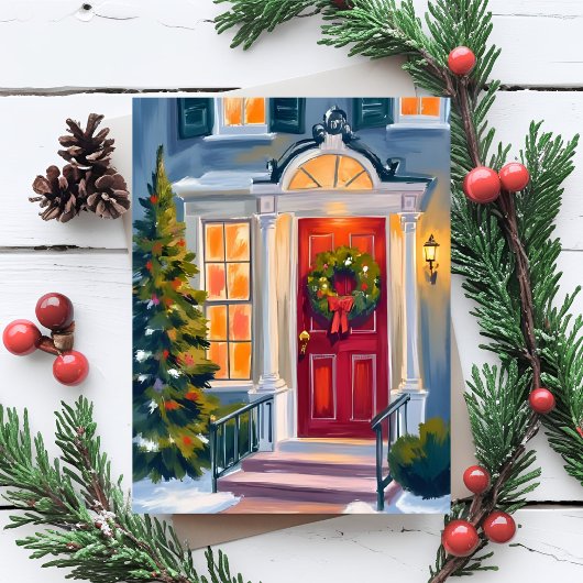 Merry Christmas Wreath Watercolor Red シーズンポストカード