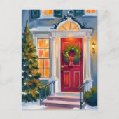 Merry Christmas Wreath Watercolor Red シーズンポストカード (正面)