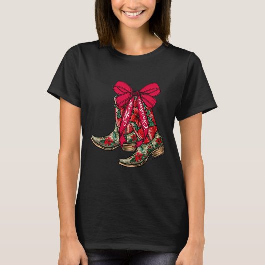 Merry Christmas Xmas Cowboy Boots Coquette Bow Paj Tシャツ (正面)