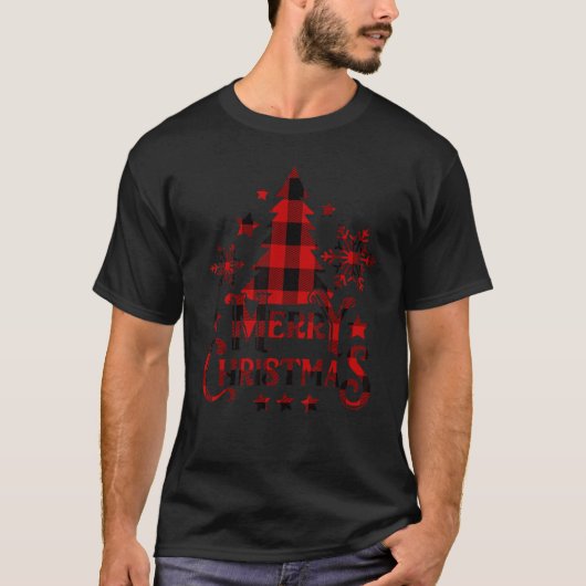 Merry Christmas Xmas Tree Red Plaid Snowflakes Tシャツ (正面)
