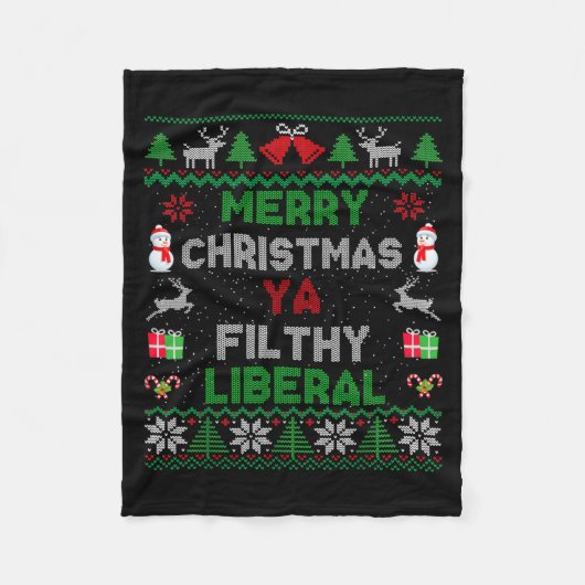 Merry Christmas Ya Filthy Liberal Ugly Knit Long S フリースブランケット (正面)