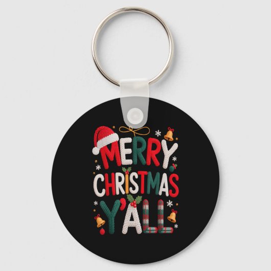 Merry Christmas Y'all Santa Hat Crochet Knitting Q キーホルダー (正面)