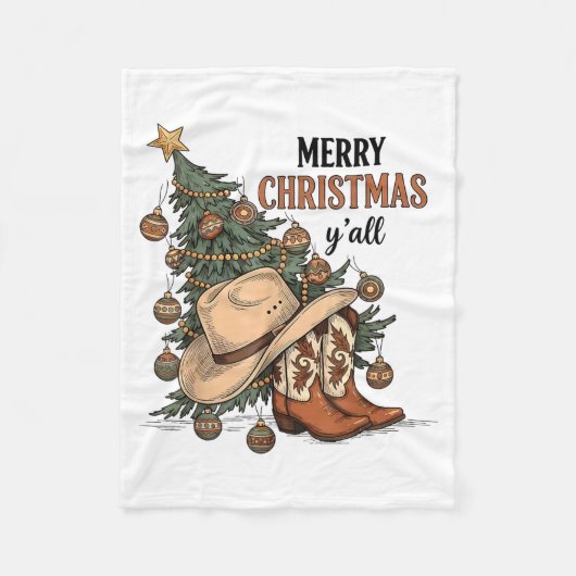 Merry Christmas Y'all Western Cowboy Boots Hat Xma フリースブランケット (正面)