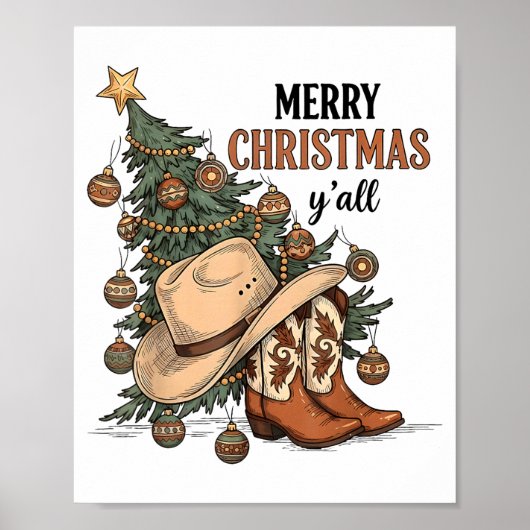 Merry Christmas Y'all Western Cowboy Boots Hat Xma ポスター (正面)