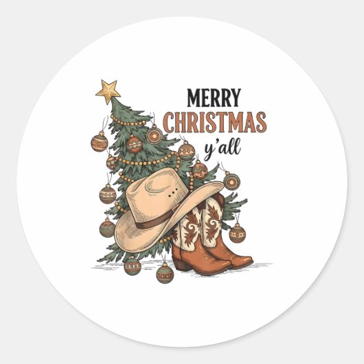Merry Christmas Y'all Western Cowboy Boots Hat Xma ラウンドシール (正面)