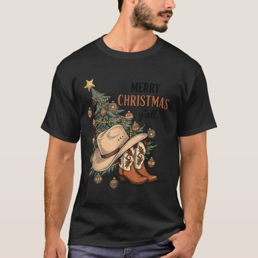 Merry Christmas Y'all Western Cowboy Boots Hat Xma Tシャツ (正面)