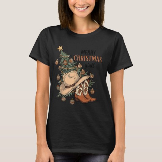 Merry Christmas Y'all Western Cowboy Boots Hat Xma Tシャツ (正面)