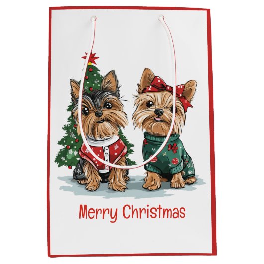 Merry Christmas Yorkie Dogs ミディアムペーパーバッグ (正面)