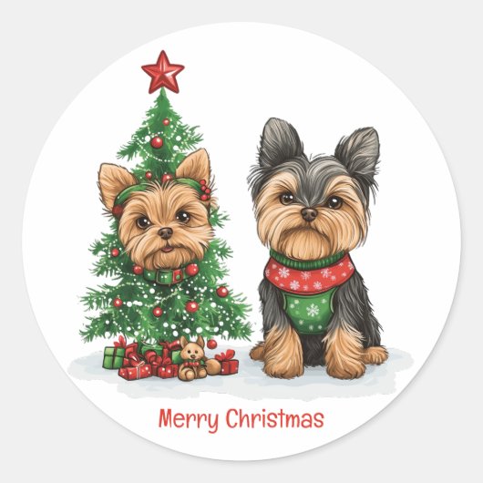 Merry Christmas Yorkie Dogs ラウンドシール (正面)