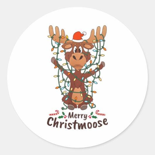 Merry Christmoose Christmas Moose Xmas Tree Lights ラウンドシール (正面)