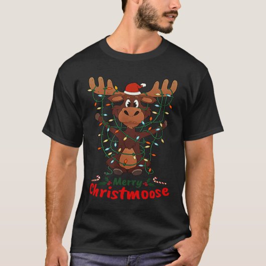 Merry Christmoose Christmas Moose Xmas Tree Lights Tシャツ (正面)