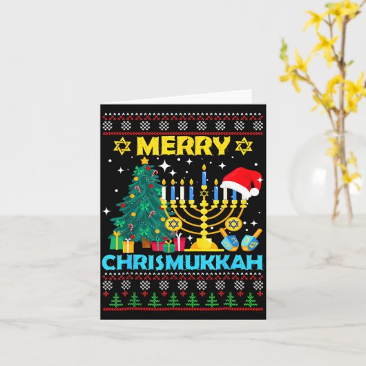 Merry Christmukkah Hanukkah Christmas Tree Xmas Fa カード (黄色い花)