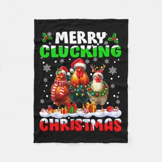 Merry Clucking Christmas Funny Chicken Santa Hat X フリースブランケット (正面)