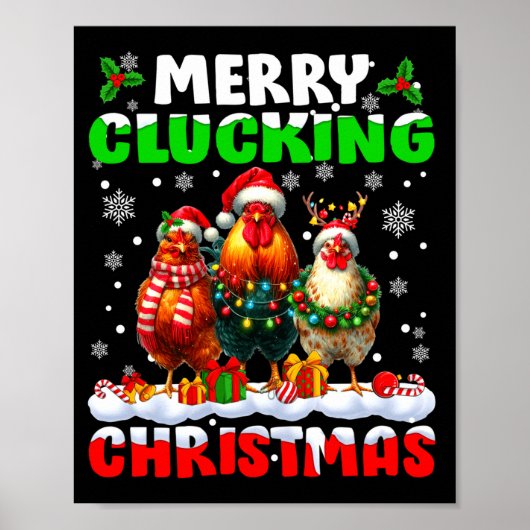 Merry Clucking Christmas Funny Chicken Santa Hat X ポスター (正面)