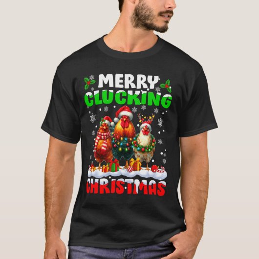 Merry Clucking Christmas Funny Chicken Santa Hat X Tシャツ (正面)