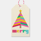 merry Colorful Striped Christmas Tree Off White ギフトタグ (正面)