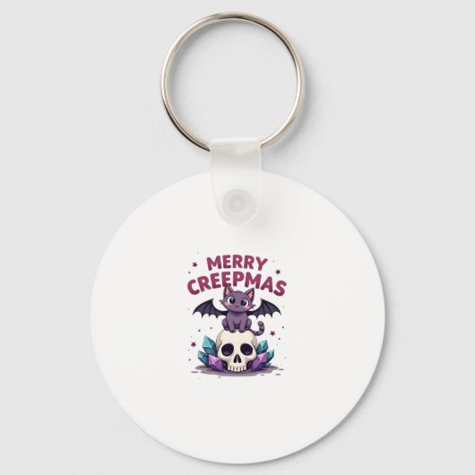 Merry Creepmas Cat Pastel Goth Christmas Skull T-S キーホルダー (正面)