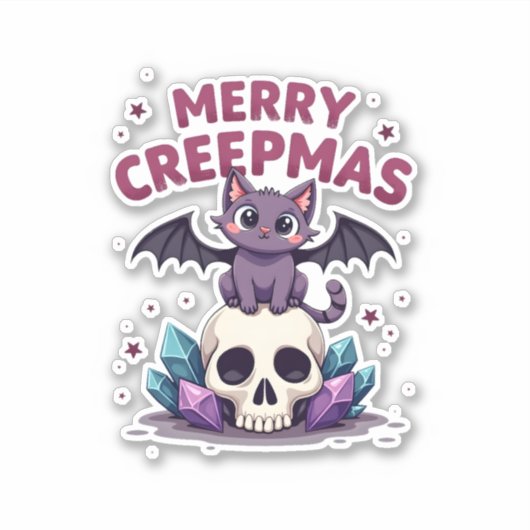 Merry Creepmas Cat Pastel Goth Christmas Skull T-S シール (正面)