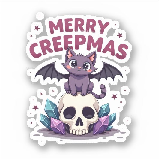 Merry Creepmas Cat Pastel Goth Christmas Skull T-S シール (正面)