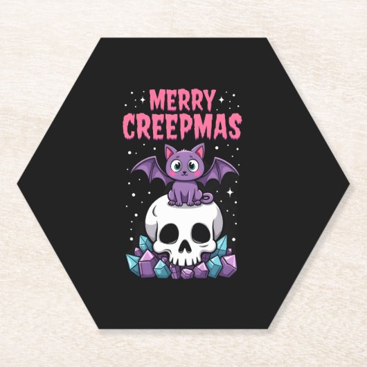 Merry Creepmas Cat Pastel Goth Christmas Skull T-S ペーパーコースター (正面)