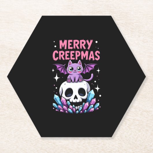 Merry Creepmas Cat Pastel Goth Christmas Skull T-S ペーパーコースター (正面)