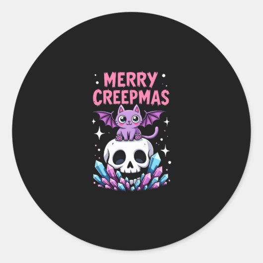 Merry Creepmas Cat Pastel Goth Christmas Skull T-S ラウンドシール (正面)