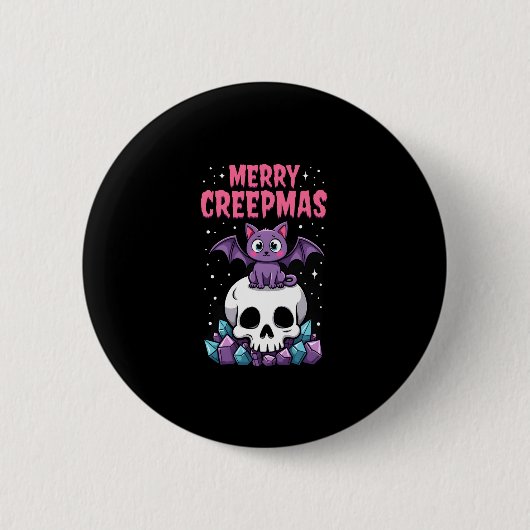 Merry Creepmas Cat Pastel Goth Christmas Skull T-S 缶バッジ (正面)