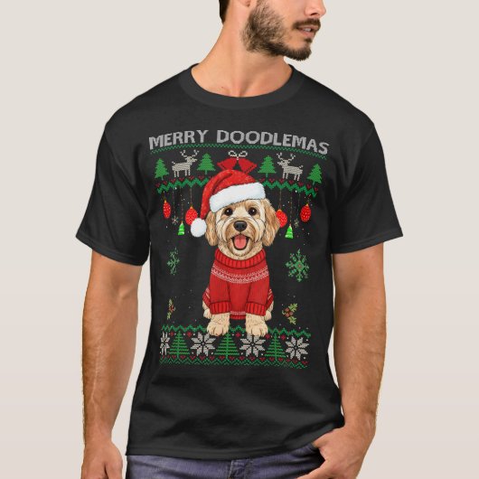 Merry Doodlemas Goldendoodle Wearing Ugly Christma Tシャツ (正面)