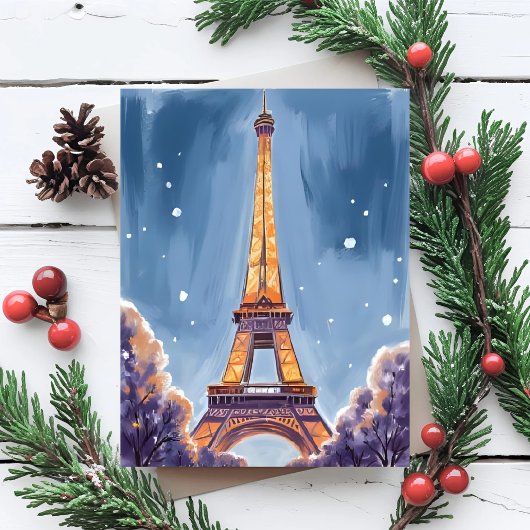 Merry Eiffel Tower | Paris Christmas Watercolor シーズンポストカード