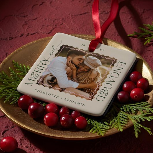 Merry & Engaged Modern Minimal Wavy Photo Keepsake セラミックオーナメント