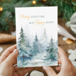 Merry Everything Happy Always Winter Trees Flat シーズンカード<br><div class="desc">Watercolor winter trees in shades of green paired with script and modern typography holiday card.</div>