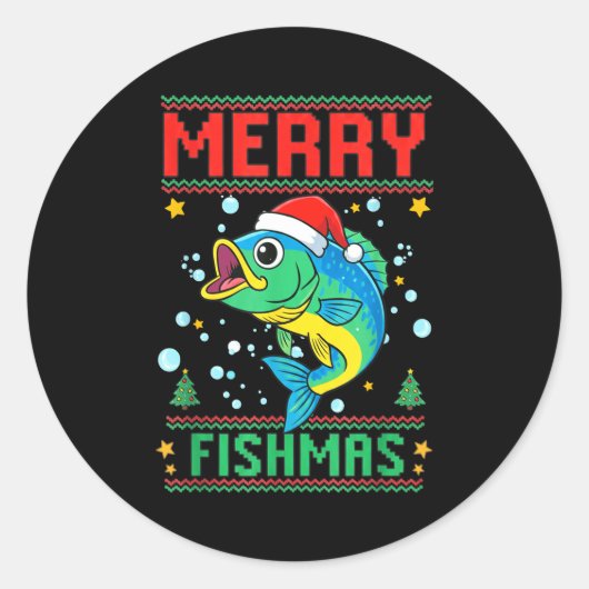 Merry Fishmas B Fish Fishing Christmas ラウンドシール (正面)