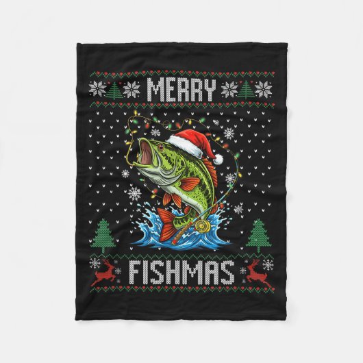 Merry Fishmas B Fish Fishing Christmas Ugly Sweate フリースブランケット (正面)