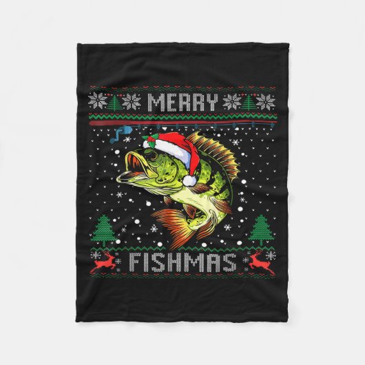 Merry Fishmas B Fish Fishing Christmas Ugly Sweate フリースブランケット (正面)