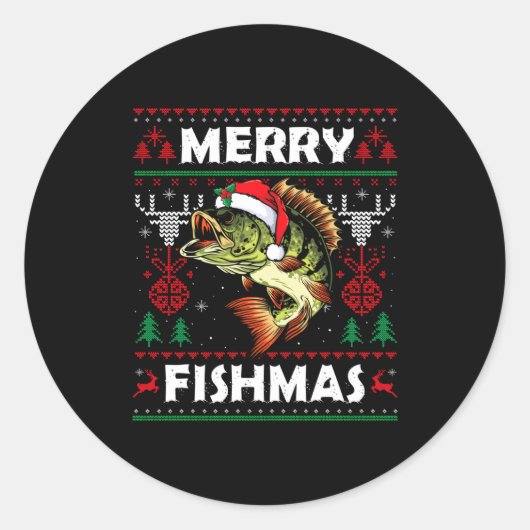 Merry Fishmas B Fish Fishing Christmas Ugly Sweate ラウンドシール (正面)