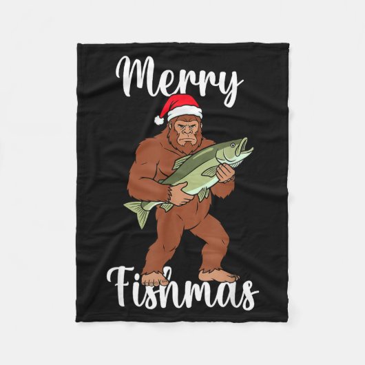 Merry Fishmas Bigfoot Fishing Funny Sasquatch Sant フリースブランケット (正面)