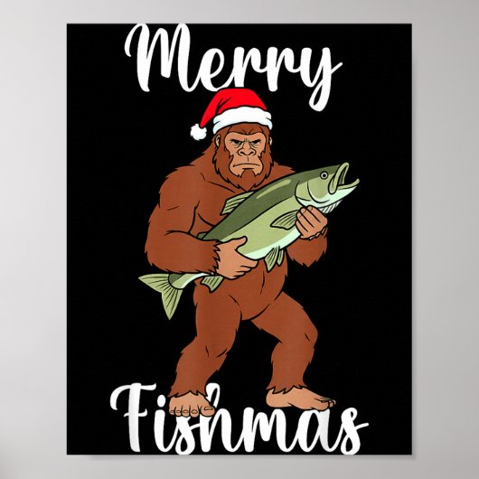 Merry Fishmas Bigfoot Fishing Funny Sasquatch Sant ポスター (正面)