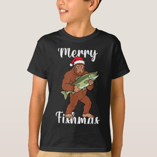 Merry Fishmas Bigfoot Fishing Funny Sasquatch Sant Tシャツ (正面)