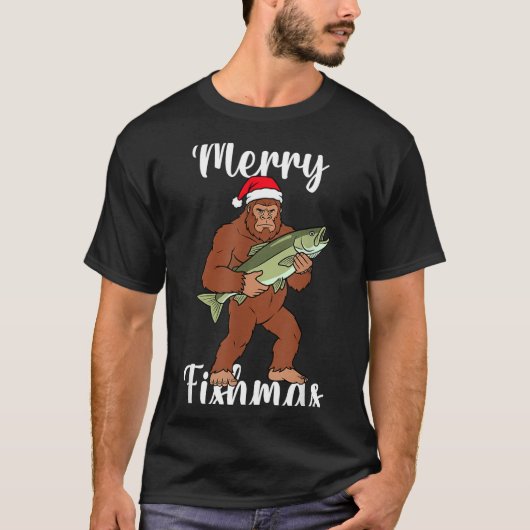Merry Fishmas Bigfoot Fishing Funny Sasquatch Sant Tシャツ (正面)