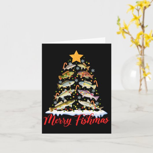 Merry Fishmas Funny Christmas Tree Lights Fish Fis カード (黄色い花)