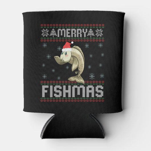 Merry Fishmas Funny Ugly Christmas Sweater Fish 缶クーラー (正面)