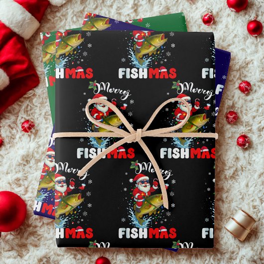 Merry Fishmas Gift Wrap, Fish Fishing Christmas ラッピングペーパーシート