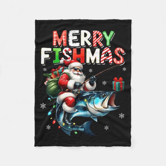 Merry Fishmas Santa Fishing Lovers Funny Fisherman フリースブランケット (正面)