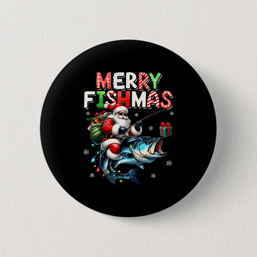 Merry Fishmas Santa Fishing Lovers Funny Fisherman 缶バッジ (正面)