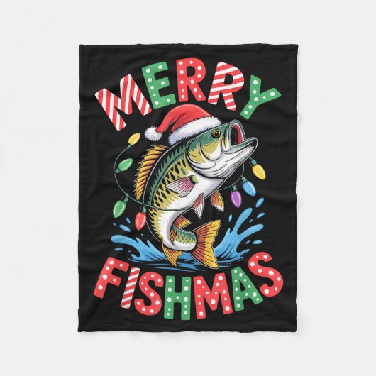 Merry Fishmas Santa Hat B Fishing Christmas Angler フリースブランケット (正面)