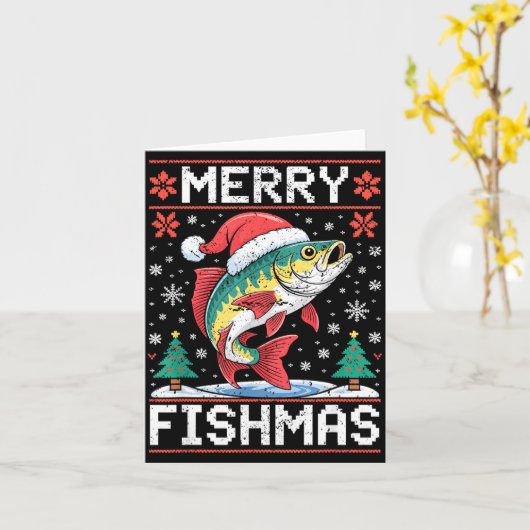 Merry Fishmas Ugly Christmas Sweater Fishing Lover カード (黄色い花)