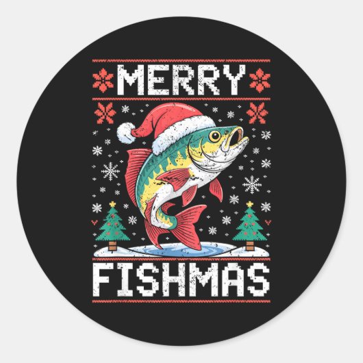 Merry Fishmas Ugly Christmas Sweater Fishing Lover ラウンドシール (正面)